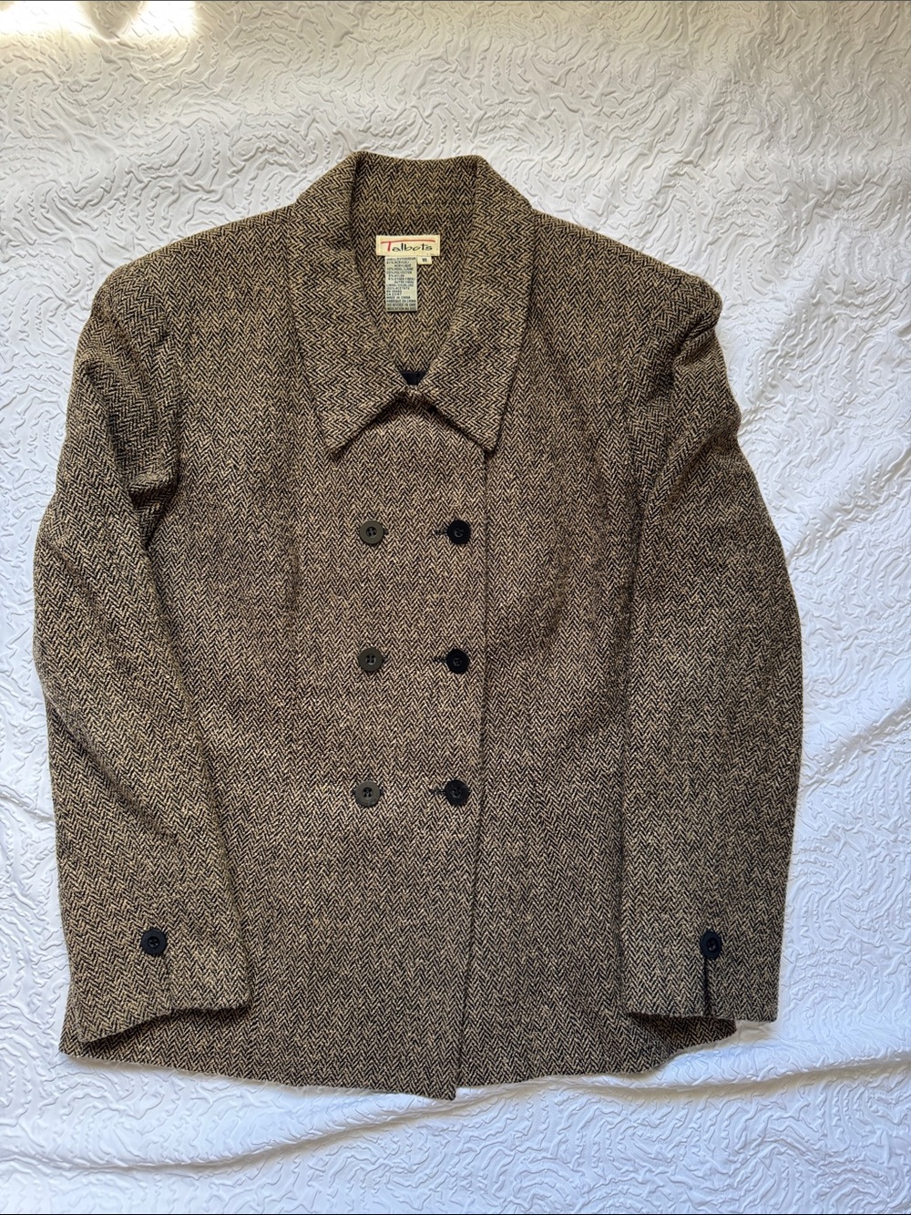 Talbots Tweed Double-Breasted Herringbone Jacket in Brown and Cream